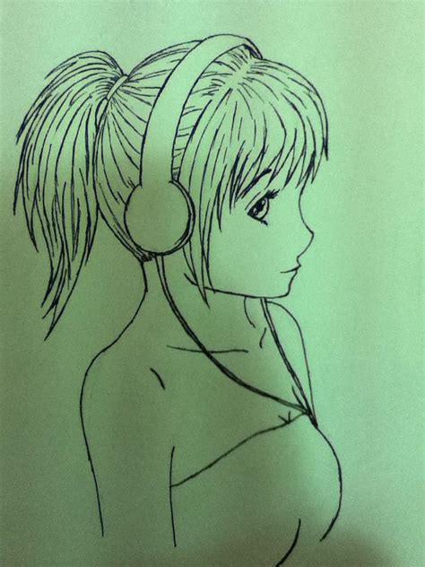 Anime girl with headphones line drawing by jade13kiki on DeviantArt