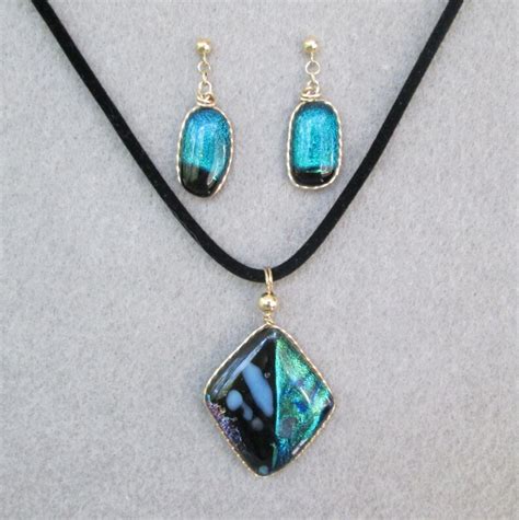 Blue Green Dichroic Glass Pendant And Earrings Set Etsy