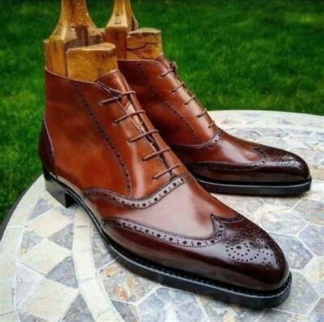 Handmade Men S Leather Cognac Patina Ankle High Boots Custom Made Men