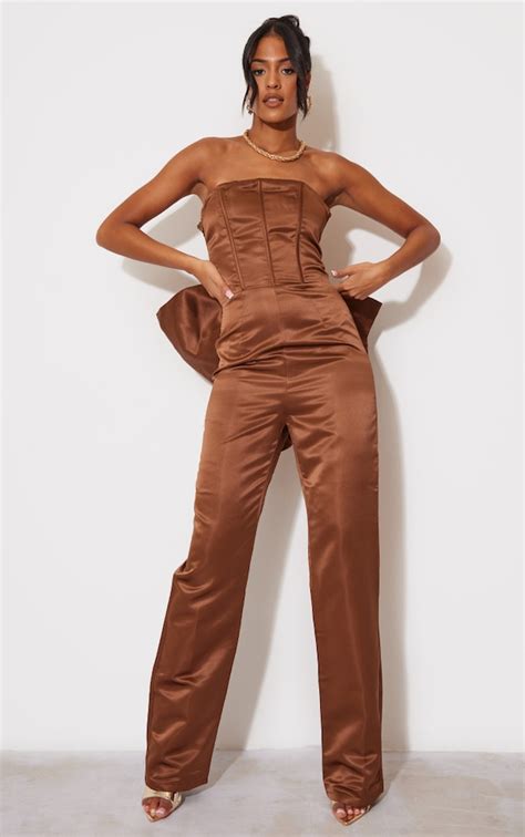 Tall Chocolate Bow Satin Jumpsuit Tall Prettylittlething