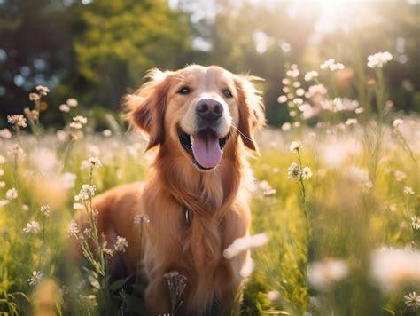 Un Chien Golden Retriever Dans Un Champ De Fleurs Image Premium