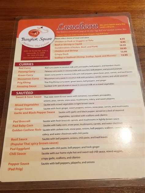 Menu at Bangkok Square restaurant, Gainesville, SW Archer Rd