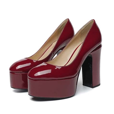 Emma Jones Round Toe High Platforms Chunky Heels Pumps Wine Red Patent In Sexy Heels