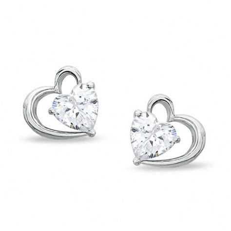 Mm Heart Shaped Cubic Zirconia Open Heart Stud Earrings In Sterling