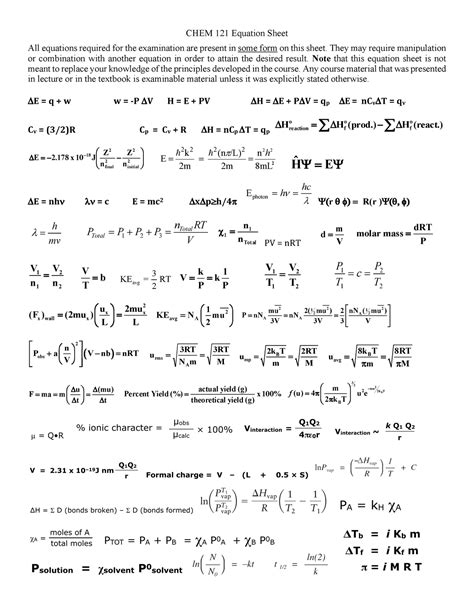 Chem Eqn Sheet Final Chem Equation Sheet All Equations