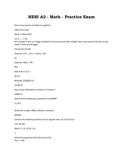 Hesi Math Questions With Answers All Correct Study Guid Worksheets