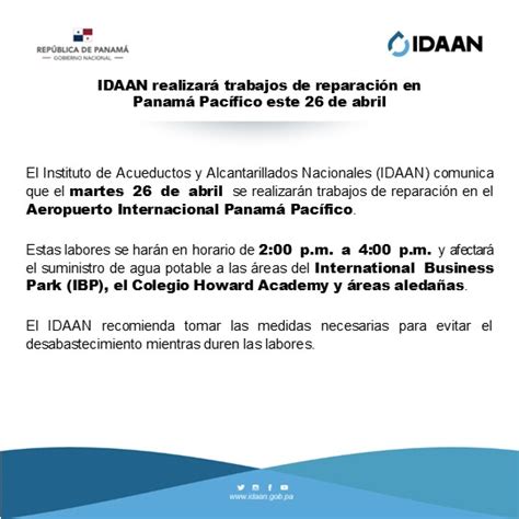 IDAAN on Twitter Arraiján IDAAN realizará trabajos de reparación en