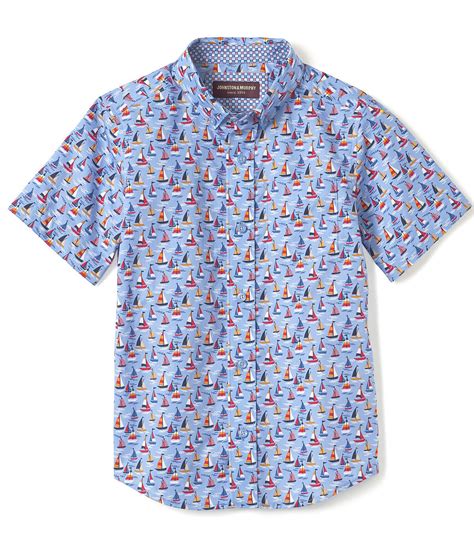 Johnston And Murphy Littlebig Boys 4 16 Blue Sailboat Short Sleeve Woven