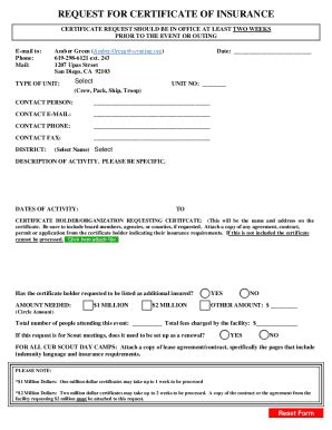 Fillable Online Insurance Certificate Request Form Templatejotform Fax