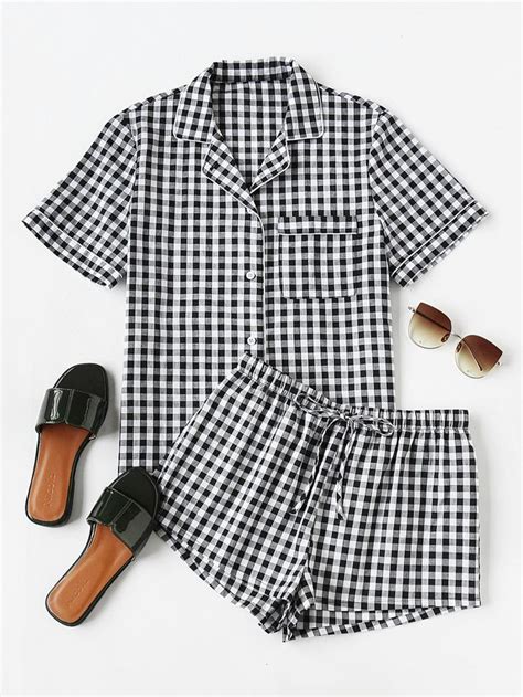 Piping Detail Gingham Blouse And Shorts Pajama Set Short Pajama Set