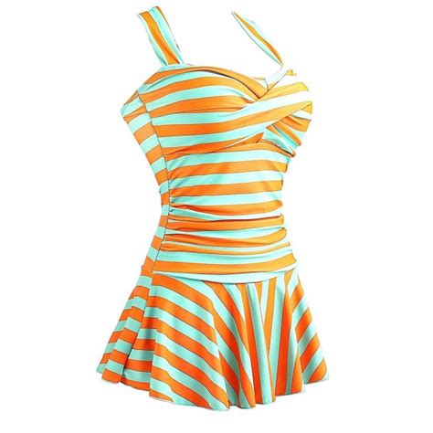 Womens One Piece Striped Slim Padded Swim Dress Bathing Swimwear