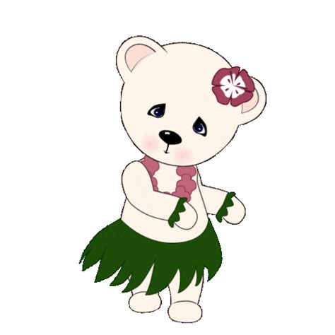 A White Teddy Bear Wearing A Hula Skirt With A Flower On It S Head