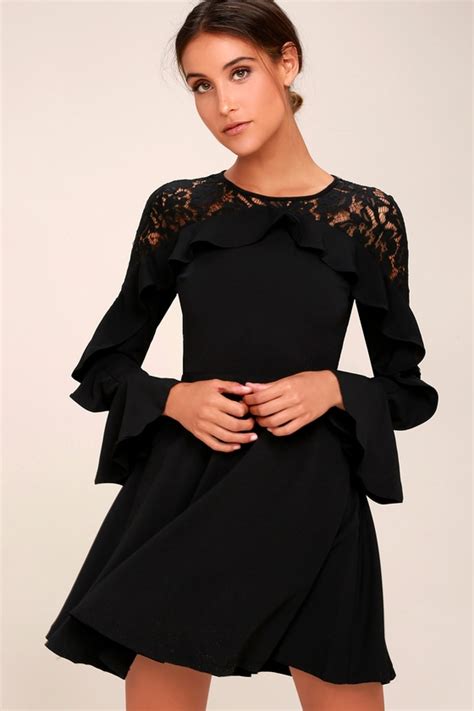 Chic Black Dress Long Sleeve Dress Lace Dress Lulus