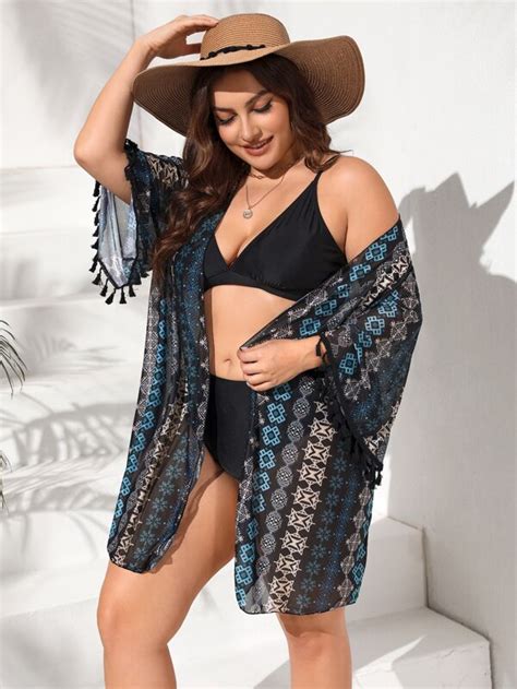 SHEIN Swim BohoFeel Plus Geo Print Tassel Trim Open Front Kimono