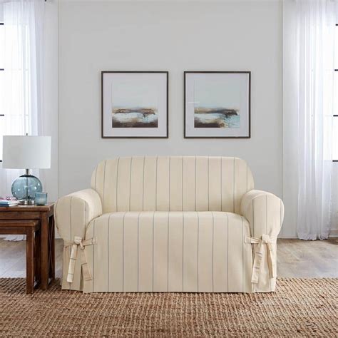 Sure Fit Heavyweight Natural With Blue Stripe Cotton Duck Loveseat Slipcover 29929600125 The