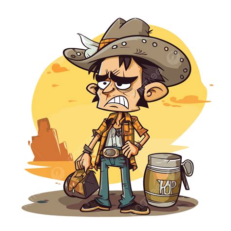 Clipart Ruim Uma Ilustração Ilustrativa De Um Cowboy De Desenho Animado Segurando Uma Lata De