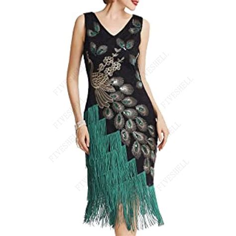 S Vintage Peacock Sequin Dress Gatsby Fringe Flapper Dress Roaring