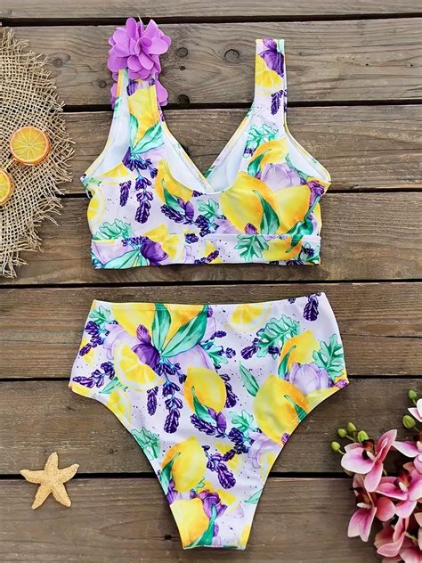 Lemon Print Bikini Asymmetrical V Neck High Waist Swimsuits Temu Australia