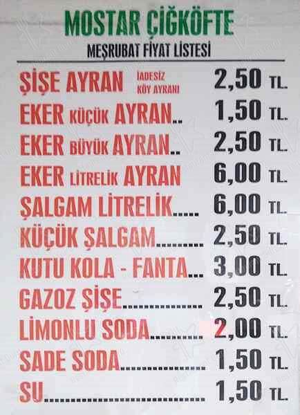 Menu at Mostar Çiğköfte Istanbul Avasköy Yolu Cad