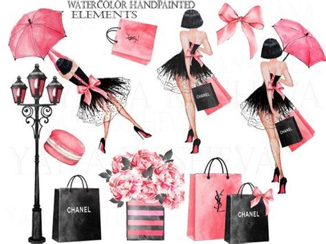 Watercolor Fashion Clipart Shopping Clipart Shopping Bag Umbrella