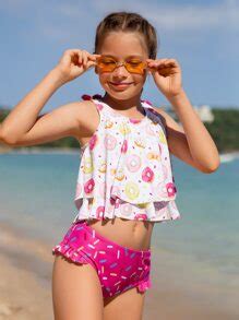 Girls Donuts Print Bow Shoulder Bikini Swimsuit SHEIN UK