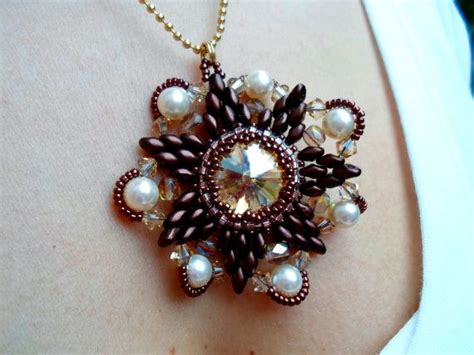 Bronze Flower Pendant With Golden Shadow Mm Rivoli Swarovski Bicones