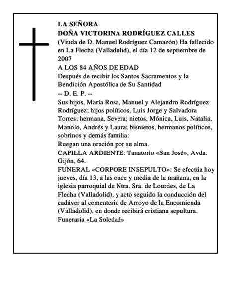 Do A Victorina Rodr Guez Calles Esquela Necrol Gica El Norte De