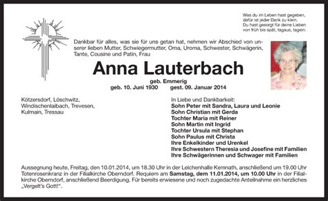 Traueranzeigen Von Anna Lauterbach Nordbayerischer Kurier