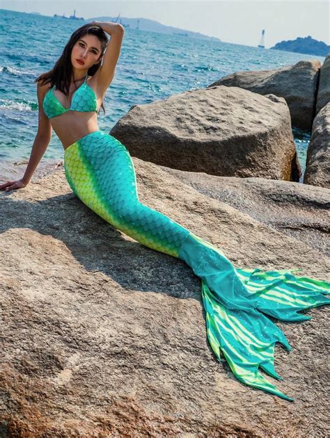 Shein Swim Vcay Fish Scales Print Bikini Swimsuit With Mermaid Tail