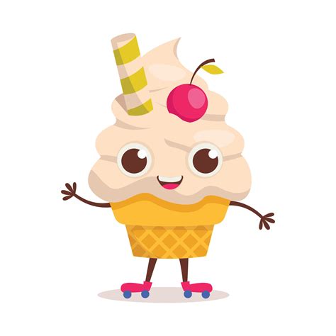 Cute Dessert Character Vanilla Ice Cream In A Cone On Rollers Summer