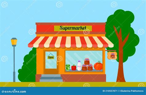 Cartoon Supermarket Aisle With Large Window Vector Illustration ...