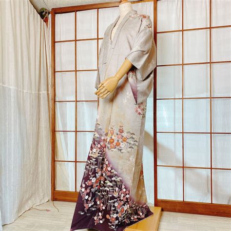 Authentic Kimono Gray And Purple Flower Japanese Silk Houmongi