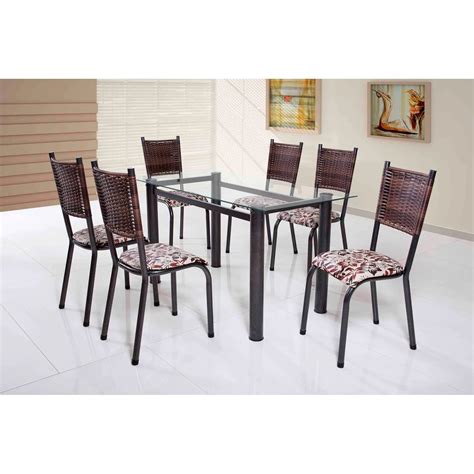 Conjunto De Mesa Tubular 6 Cadeiras Mariana 140cm Tampo De Vidro