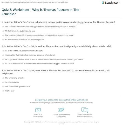 Quiz & Worksheet - Who is Thomas Putnam in The Crucible? | Study.com