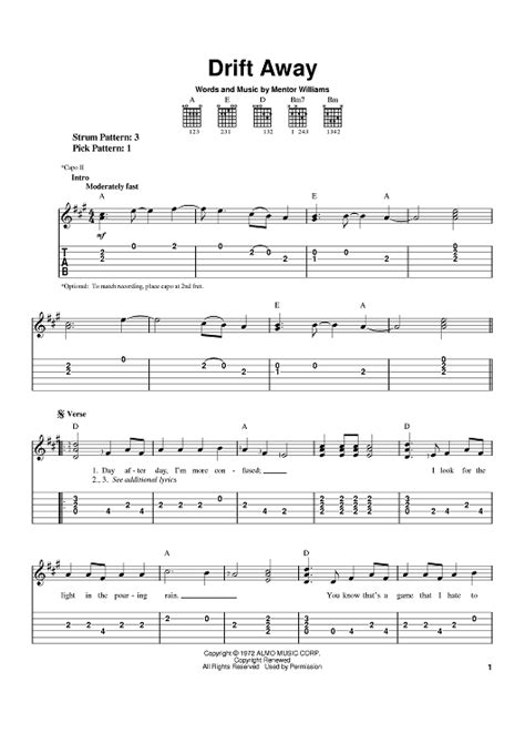 Buy Drift Away Sheet Music By Uncle Kracker Dobie Gray For Easy Guitar Tab