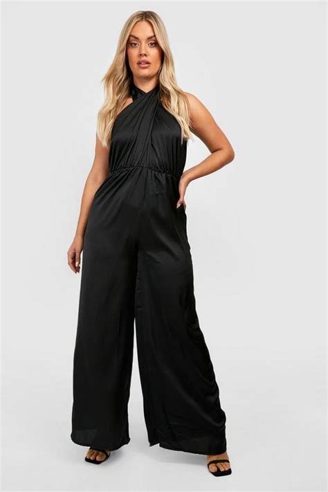 Jumpsuits Plus Satin Halterneck Twist Wide Leg Jumpsuit Boohoo