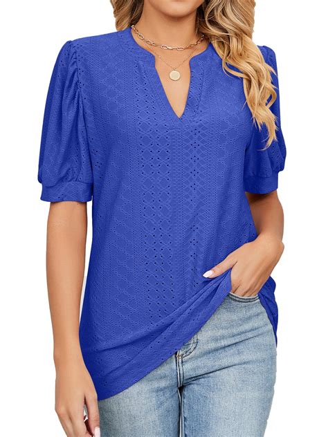 Xchqrti Pleated Puff Sleeve Shirt Womens V Neck Solid Color Tops