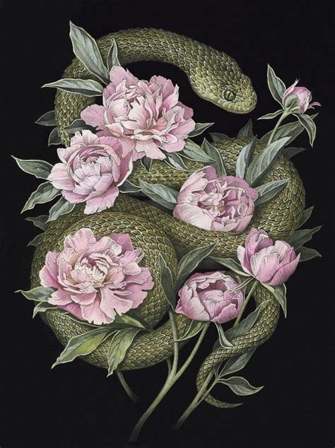 Green Snake And Peonies Giclee Print Snake Tattoo Design Peonies