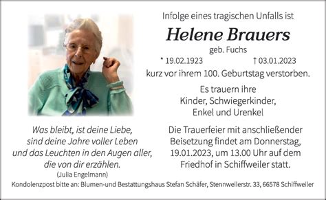 Traueranzeigen Von Helene Brauers Saarbruecker Zeitung Trauer De