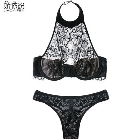 Europe Hot Sale Sexy Embroidery Lace Bra Underwear Set Black Temptation