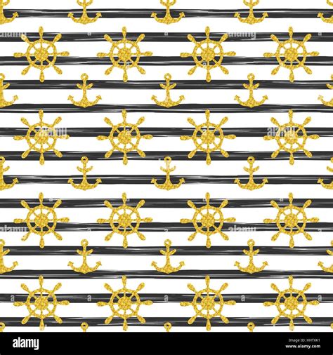 Seamless Nautical Pattern With Glittering Golden Anchors And Ship