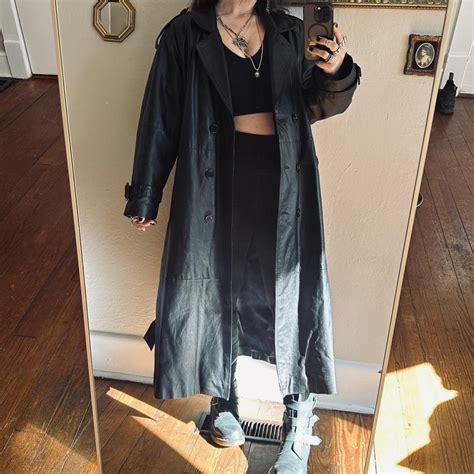 Vintage Goth Leather Trench Coat 90s Black Leather Depop
