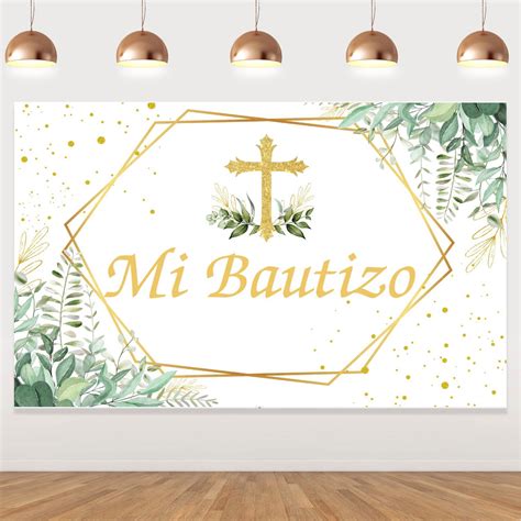 Mi Bautizo Backdrop Boy Girl Baptism Christening Green Floral Gold