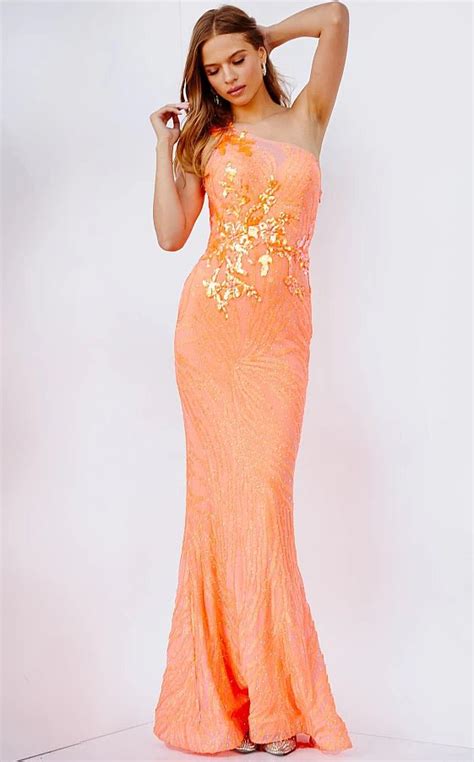 Jvn23604 Neon Orange Open Back Embellished Prom Dress