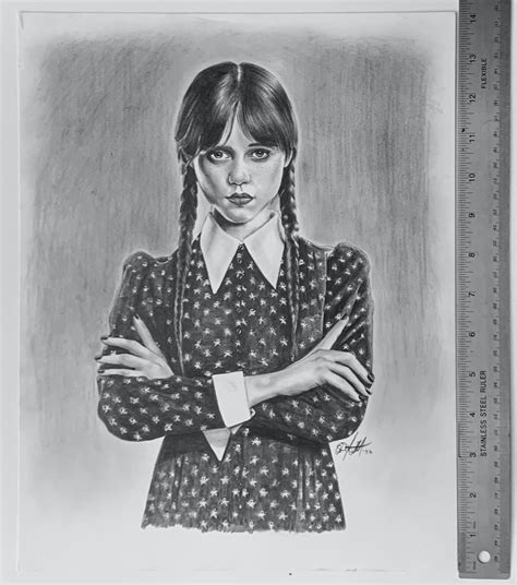 Wednesday Addams Jenna Ortega Original Drawing Pencil On Paper Signed