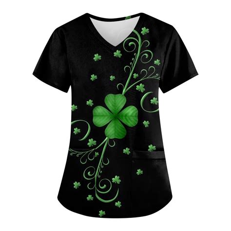 Dndkilg St Patricks Day Scrub Tops For Women Shamrock Clover Green