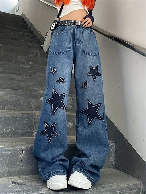 Star Patch Baggy Loose Boyfriend Jeans Dark Wash Zipper Temu