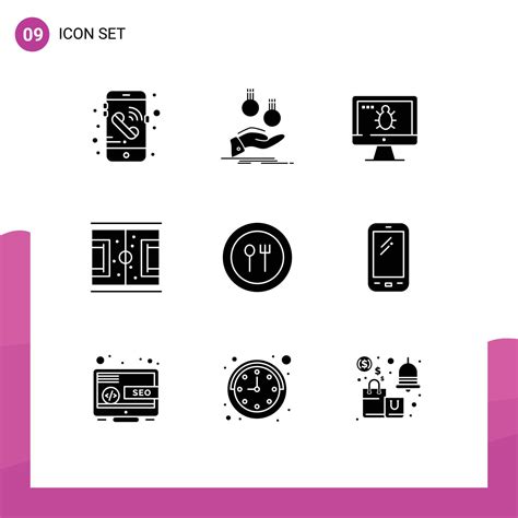 Set Of 9 Commercial Solid Glyphs Pack For Food Soccer Monitor