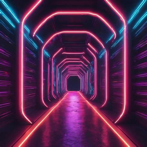 3d Abstract Background With Neon Lights Neon Tunnel Space Construction 3d Illustration Premium