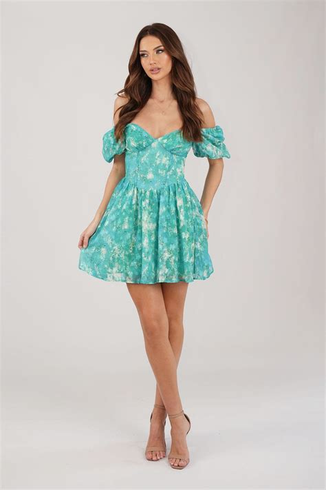 Miyah Puff Sleeve Mini Dress Green Floral Noodz Boutique